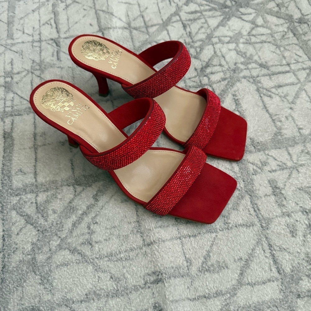 Vince Camuto Red Rhinestone Embellished Slide Heels Square Toe Sandals 9 - Picture 2 of 6